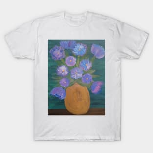 Some abstract purple carnations in a gold vase T-Shirt